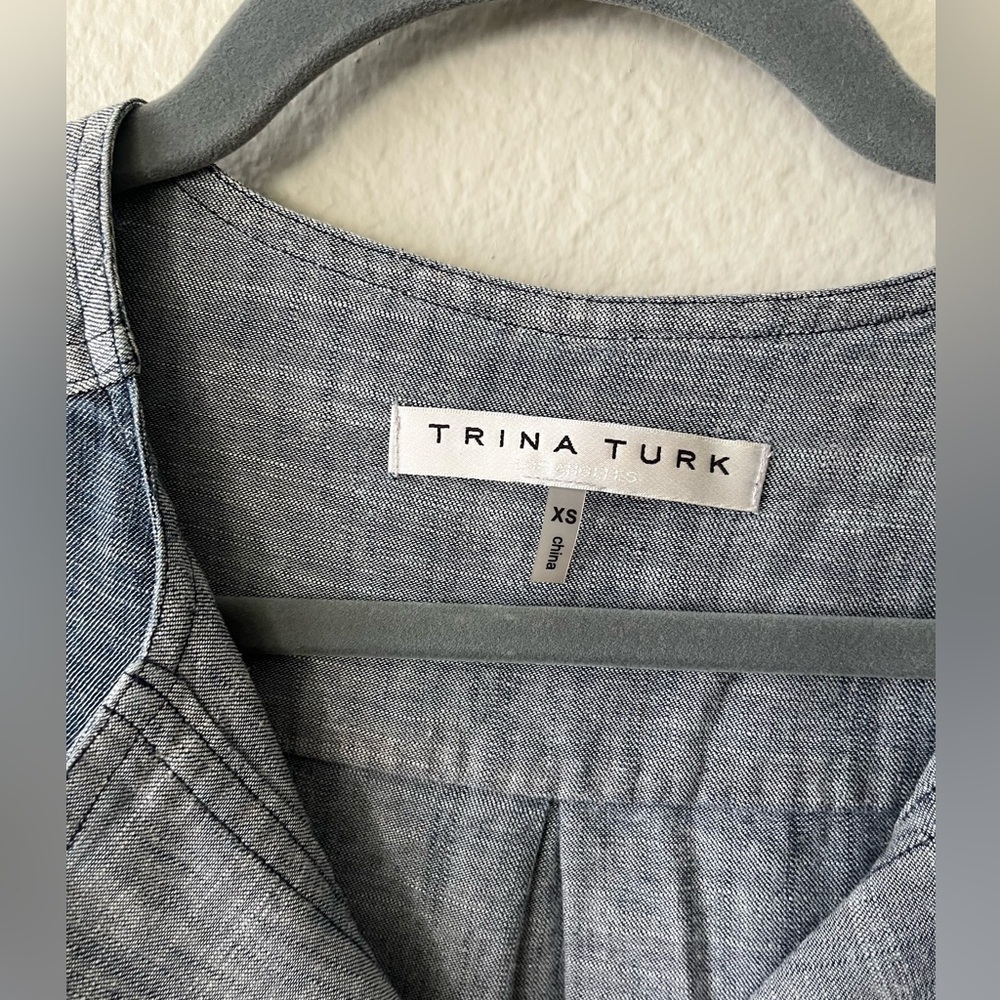 Trina Turk Linen Groove Split Neck With Half Sleeves in Blue Women’s Size XS - Picture 6 of 11